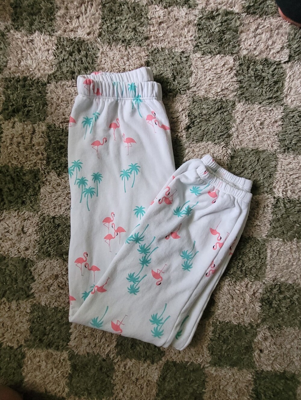Wildfox White Jogger Pants with Pink Flamingos & Aqua Palms